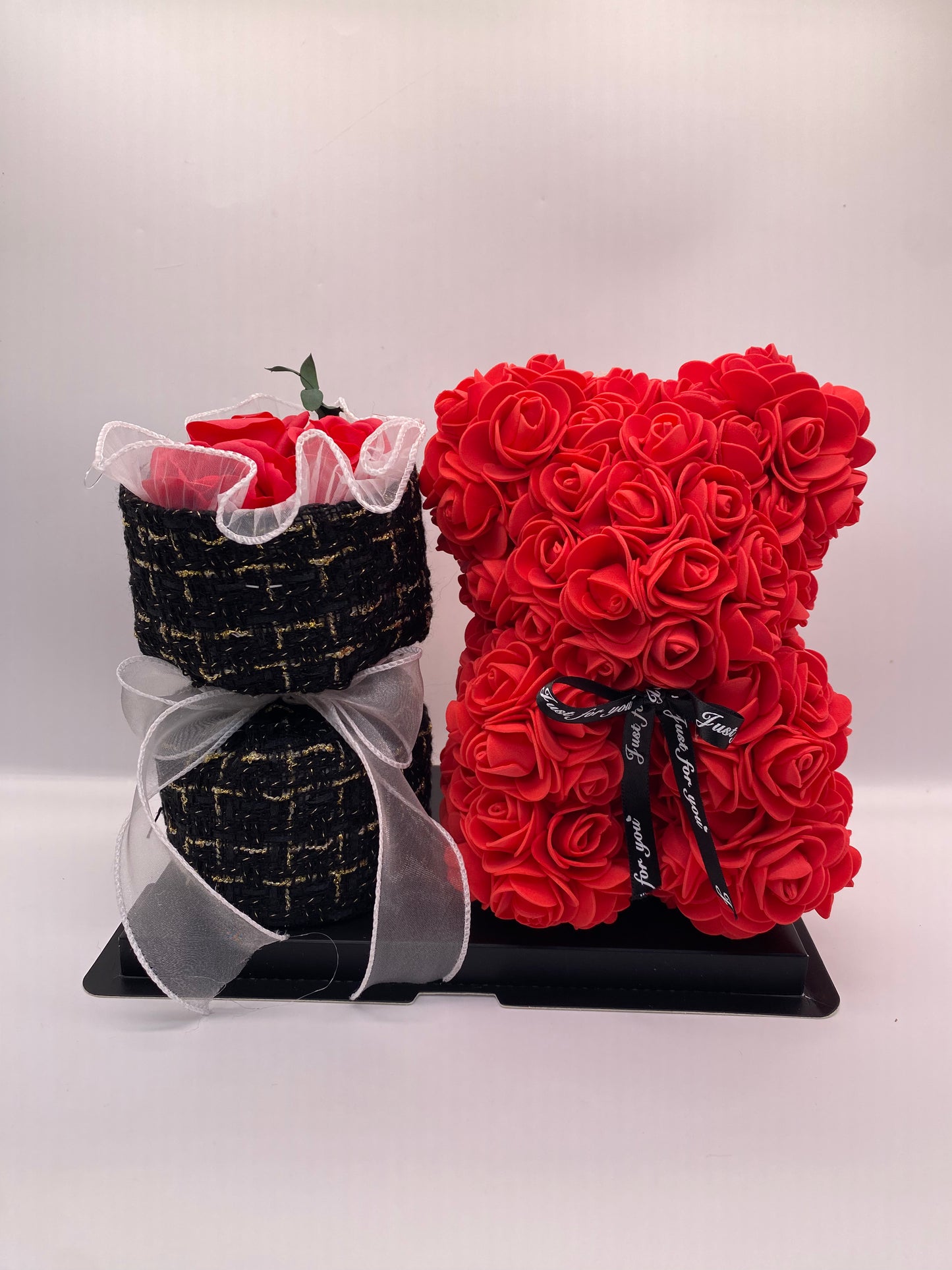 Luxury Red Rose Bear Gift Set in Clear Display Box – Handmade Eternal Flower Teddy Bear with Tweed Accessory – Perfect Valentine’s Day, Anniversary, or Birthday Gift for Her – Forever Rose Keepsake