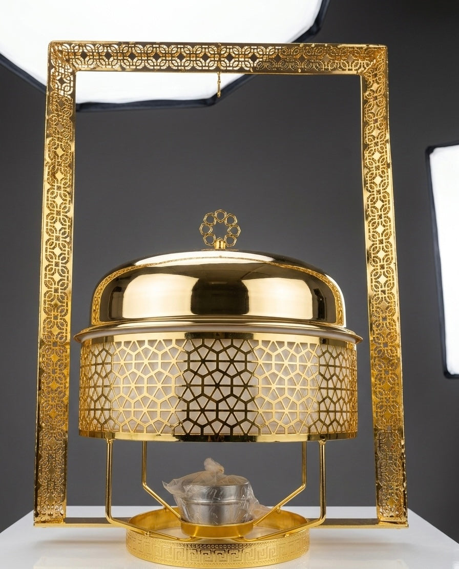 Laser-Cut Gold Metal Food Cloche/ Chafing Dish  with Fuel Holder and Arched Geometric Stand