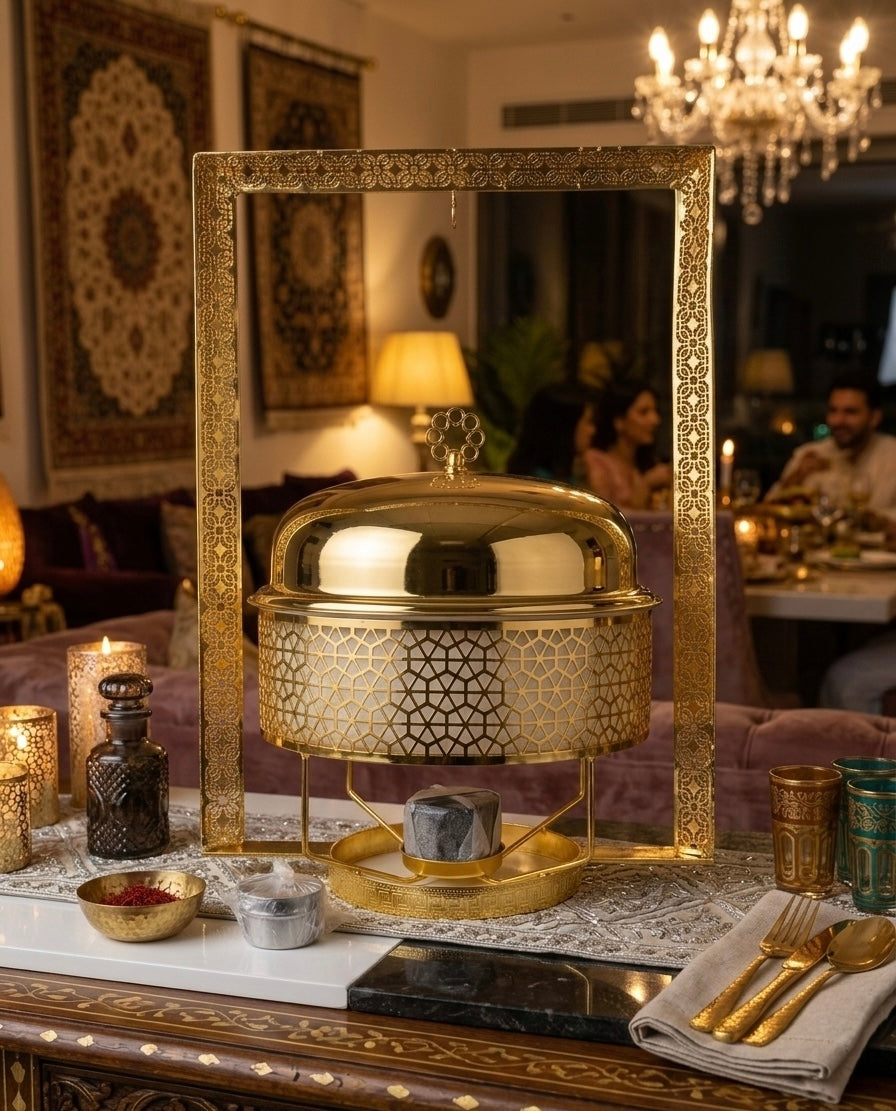 Laser-Cut Gold Metal Food Cloche/ Chafing Dish  with Fuel Holder and Arched Geometric Stand