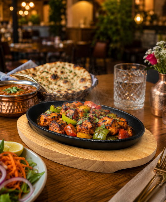 Oval Cast Iron Sizzling Platter with Wooden Base – 24 cm Serving Plate