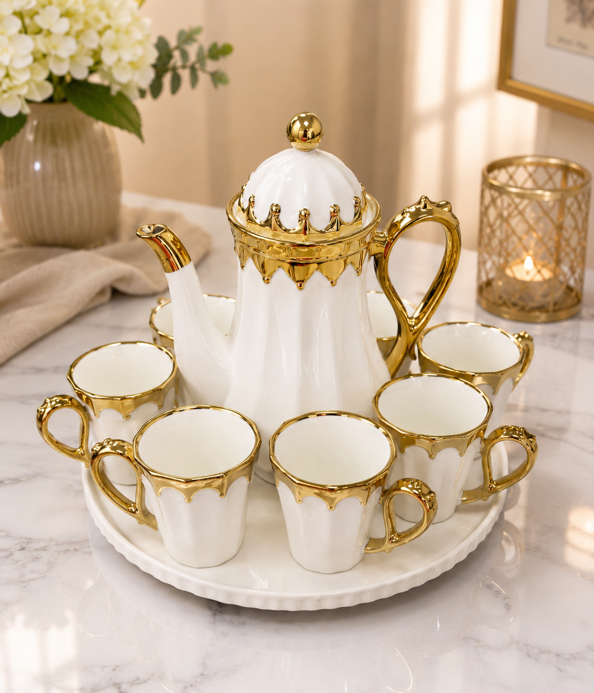 Luxury Ceramic Tea & Coffee Serving Set with Tray – 7-Piece Collection