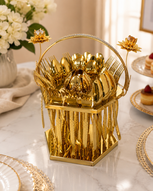 Luxury 37-Piece Gold Cutlery Set with Decorative Stand – Premium Dining Flatware Collection