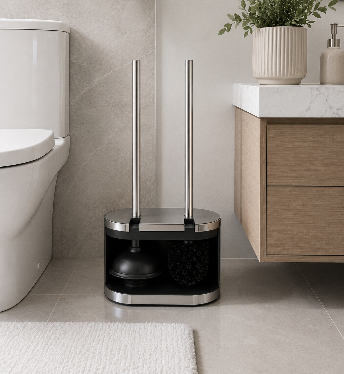 Modern Toilet Brush & Plunger Set with Stainless Steel Holder – Space-Saving Bathroom Cleaning Organizer