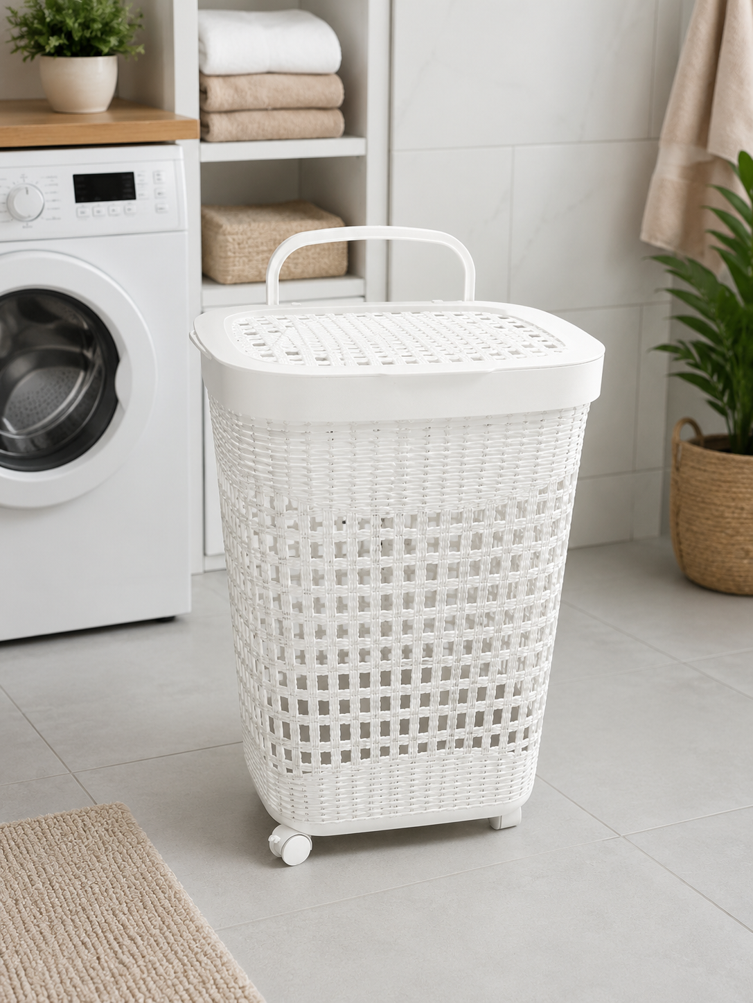 Rolling Laundry Basket with Lid & Carry Handle – Durable Plastic Clothes Hamper