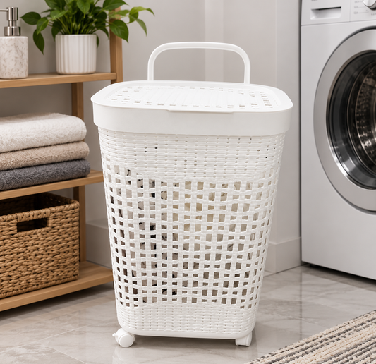 Rolling Laundry Basket with Lid & Carry Handle – Durable Plastic Clothes Hamper