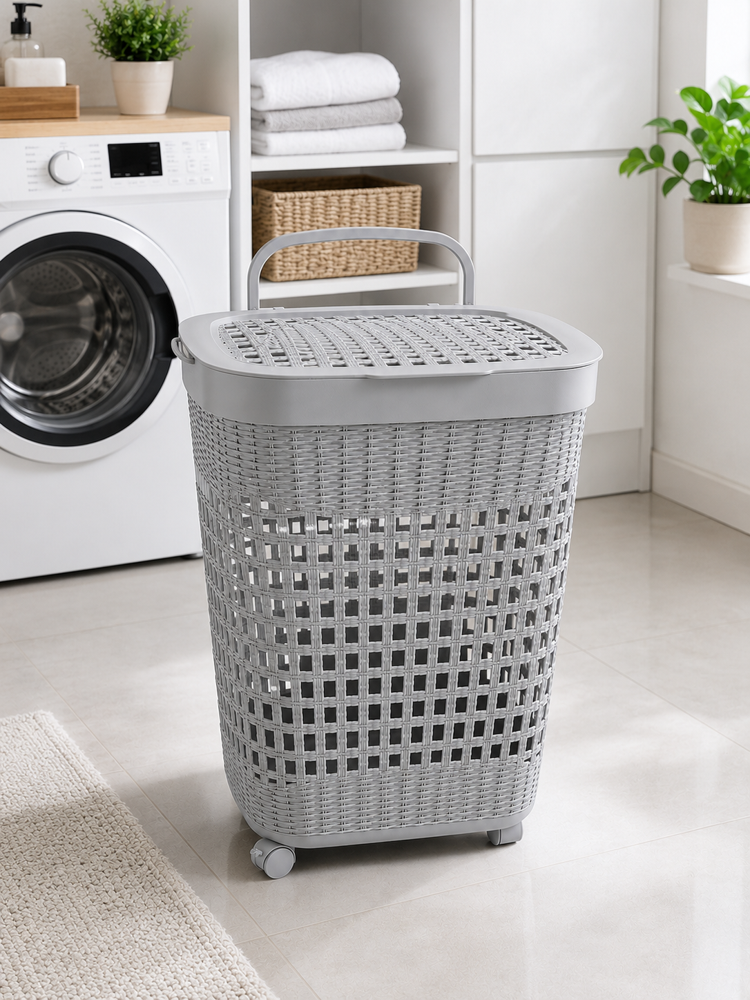 Rolling Laundry Basket with Lid & Carry Handle – Durable Plastic Clothes Hamper