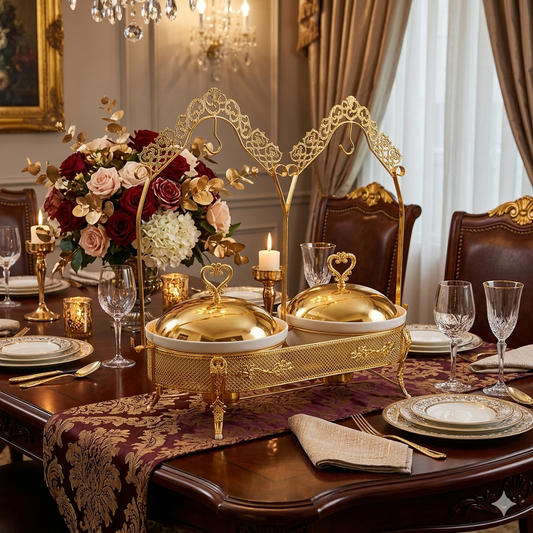 Elegant 25" Gold-Plated Double Ceramic Chafing Dish