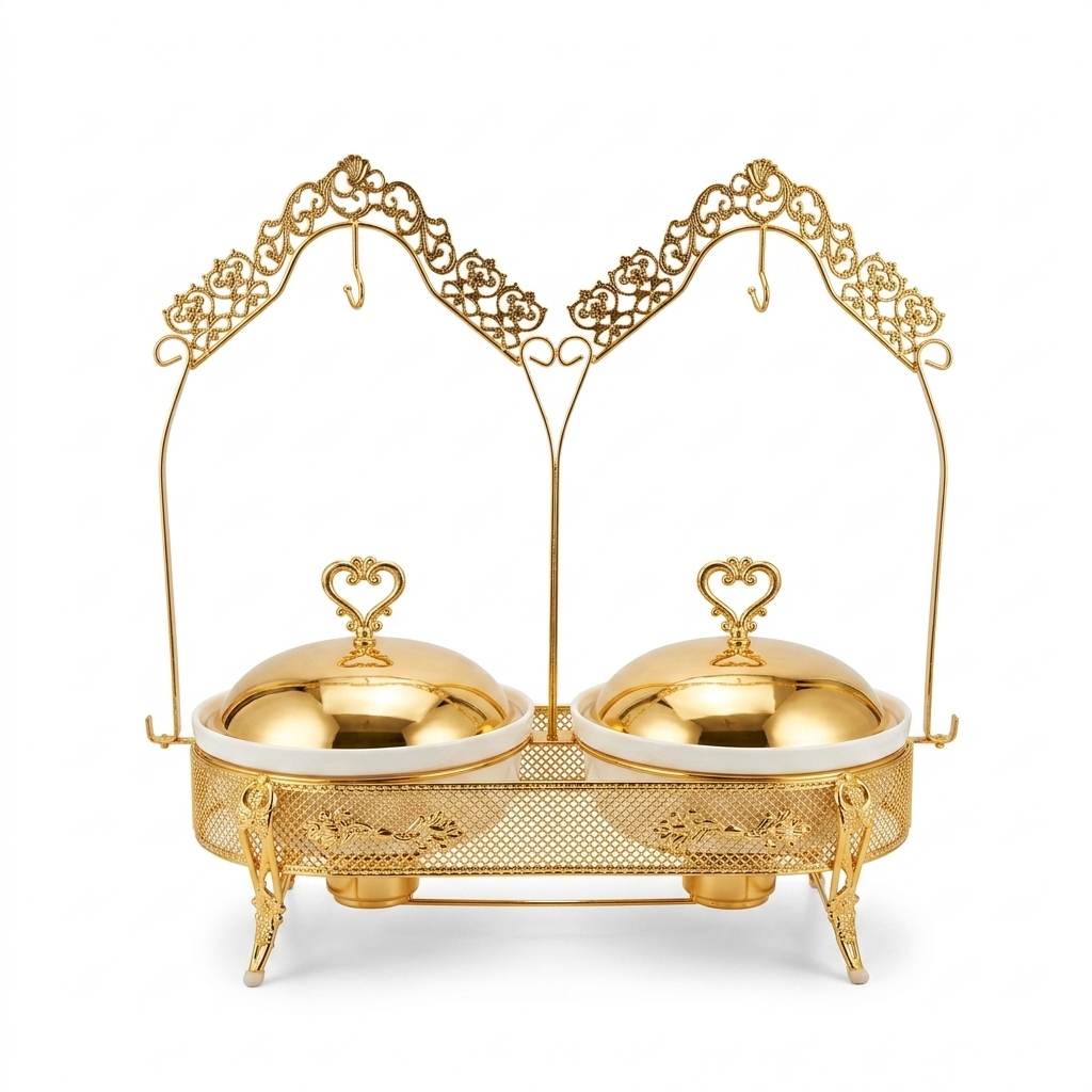 Elegant 25" Gold-Plated Double Ceramic Chafing Dish