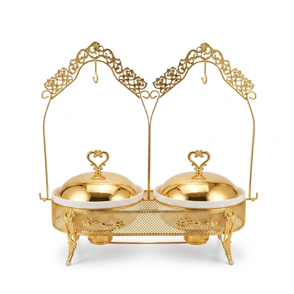 Elegant 25" Gold-Plated Double Ceramic Chafing Dish