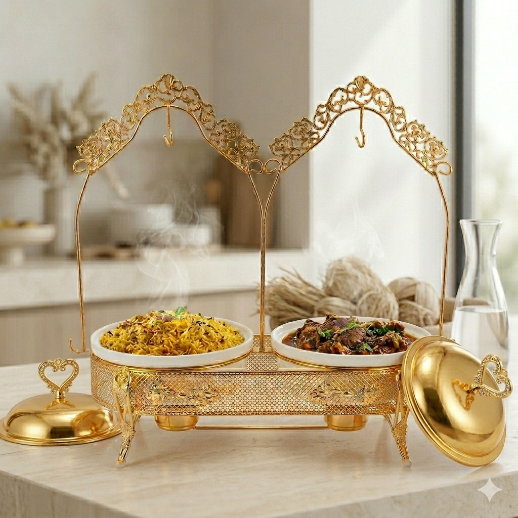 Elegant 25" Gold-Plated Double Ceramic Chafing Dish