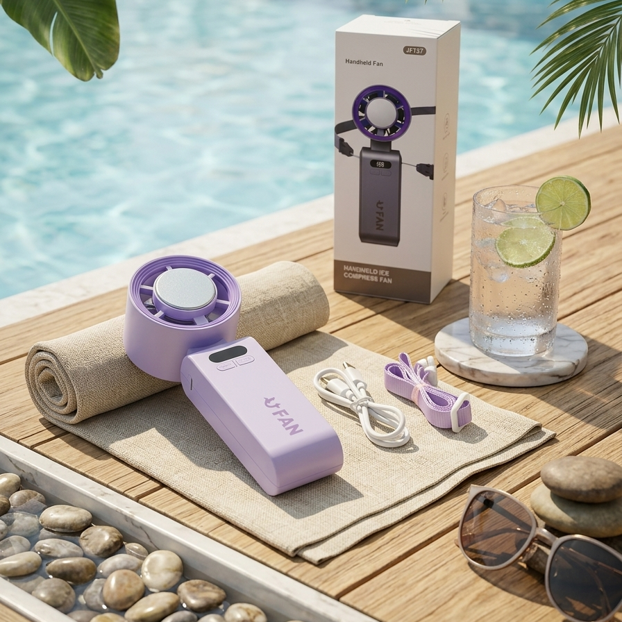 Handheld Ice Compress Fan with Adjustable Tilt & Digital Display – Portable 3-Speed Turbo Cooling Fan with Lanyard and USB-C Charging