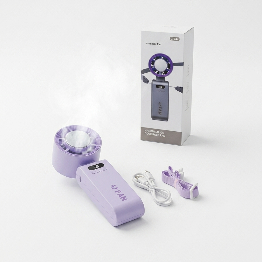 Handheld Ice Compress Fan with Adjustable Tilt & Digital Display – Portable 3-Speed Turbo Cooling Fan with Lanyard and USB-C Charging