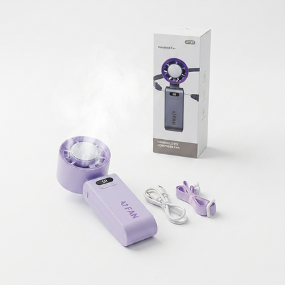 Handheld Ice Compress Fan with Adjustable Tilt & Digital Display – Portable 3-Speed Turbo Cooling Fan with Lanyard and USB-C Charging