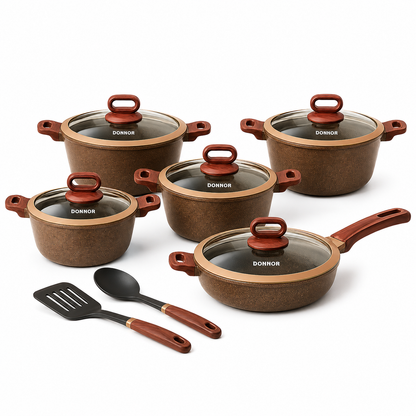 12pcs Granite Non-Stick Cookware Set – Premium Marble Coated Pots & Fry Pan with Glass Lids