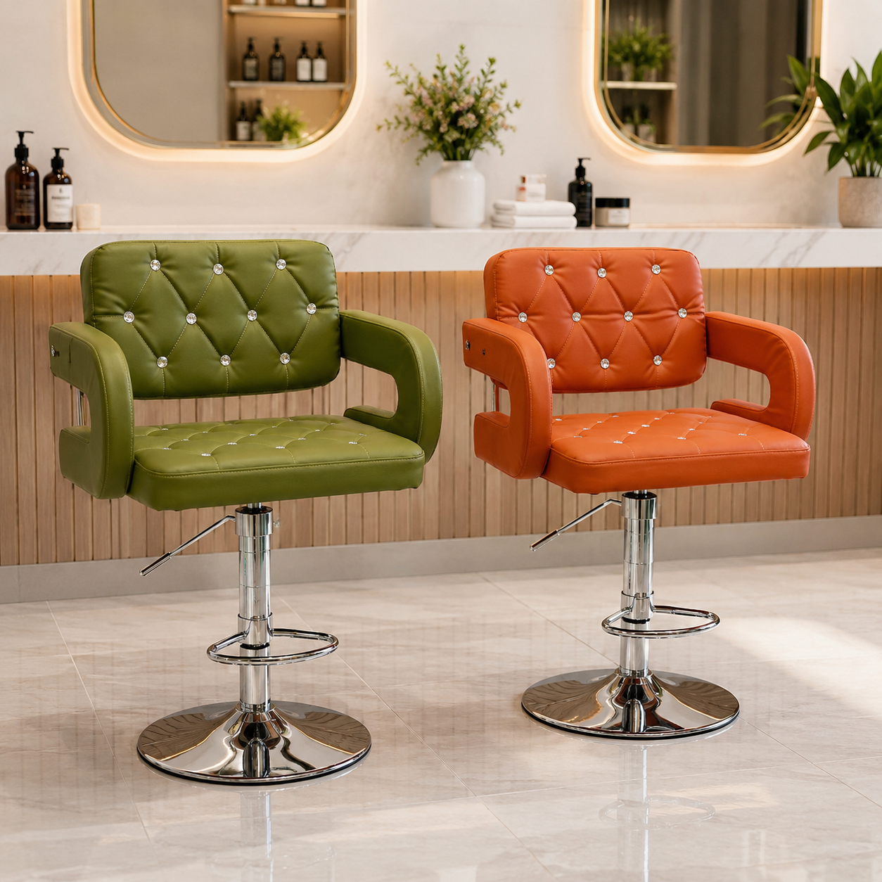 Modern Adjustable Swivel Bar Chair with Crystal Tufted Design – Faux Leather Hydraulic Stool