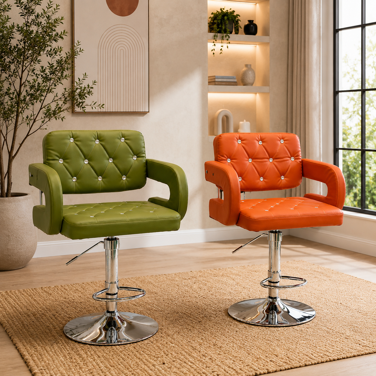 Modern Adjustable Swivel Bar Chair with Crystal Tufted Design – Faux Leather Hydraulic Stool