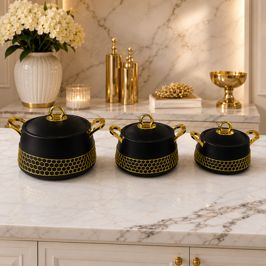 Luxury Insulated Hot Pot Set with Gold Honeycomb Design – 3 Piece Food Warmer Set (2L / 2.5L / 3L)