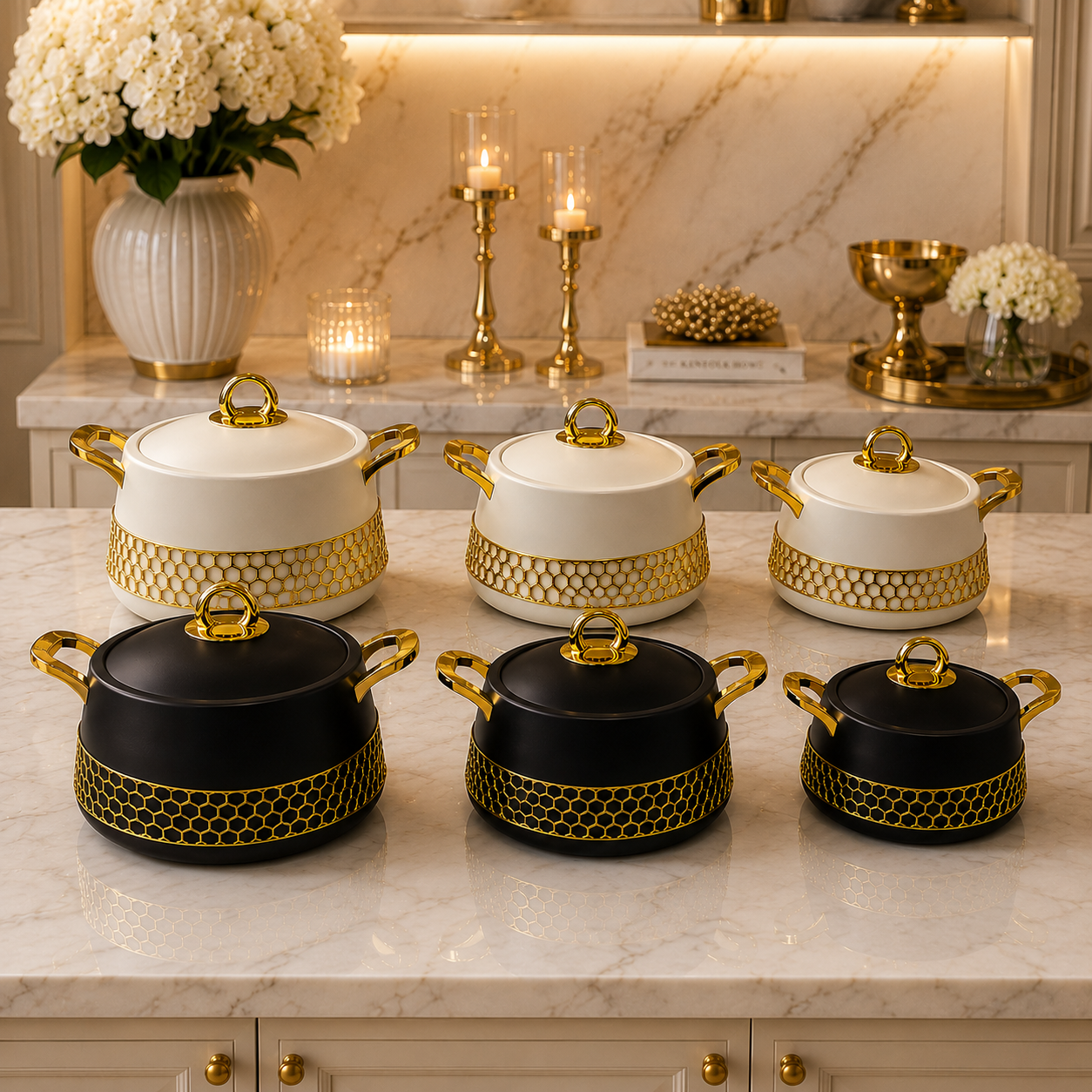 Luxury Insulated Hot Pot Set with Gold Honeycomb Design – 3 Piece Food Warmer Set (2L / 2.5L / 3L)