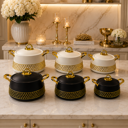 Luxury Insulated Hot Pot Set with Gold Honeycomb Design – 3 Piece Food Warmer Set (2L / 2.5L / 3L)