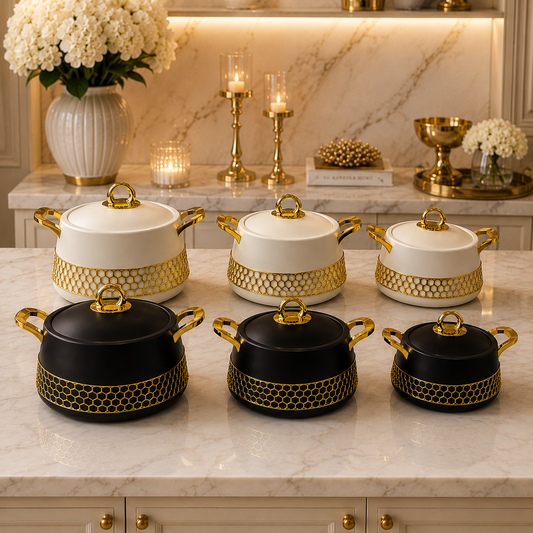 Luxury Insulated Hot Pot Set with Gold Honeycomb Design – 3 Piece Food Warmer Set (2L / 2.5L / 3L)
