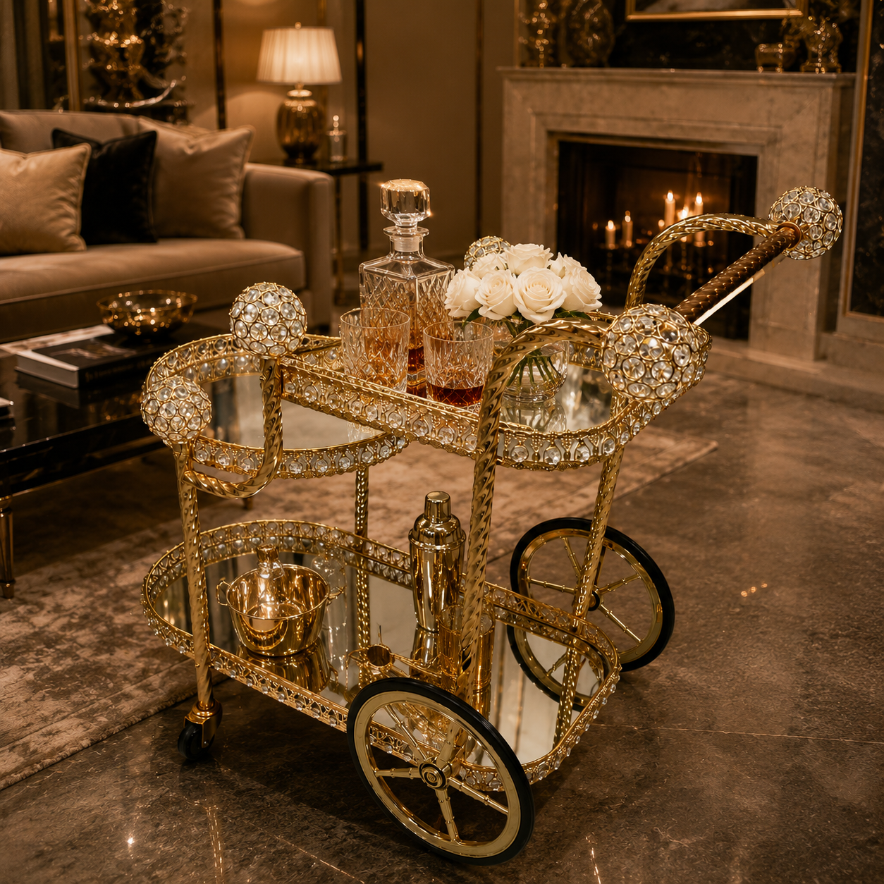 Luxury Gold 3-Tier Bar Cart with Crystal Accents & mirror Glass Shelves – 36” Serving Trolley