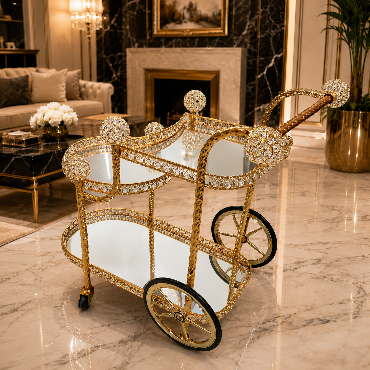 Luxury Gold 3-Tier Bar Cart with Crystal Accents & mirror Glass Shelves – 36” Serving Trolley