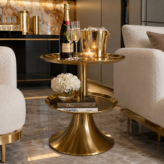 Luxury 2-Tier Gold Accent Side Table – Modern Metal Pedestal End Table 22” Height