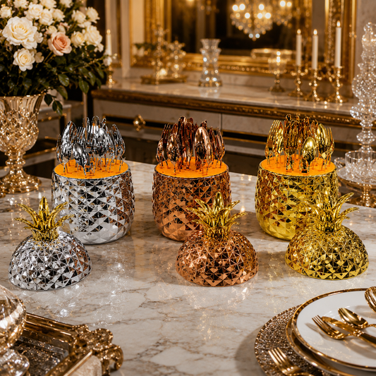 Luxury Pineapple Cutlery Set for 6 – Stainless Steel Flatware Set with Decorative Holder