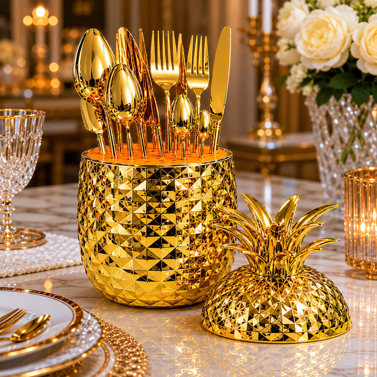 Luxury Pineapple Cutlery Set for 6 – Stainless Steel Flatware Set with Decorative Holder