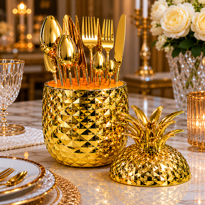 Luxury Pineapple Cutlery Set for 6 – Stainless Steel Flatware Set with Decorative Holder