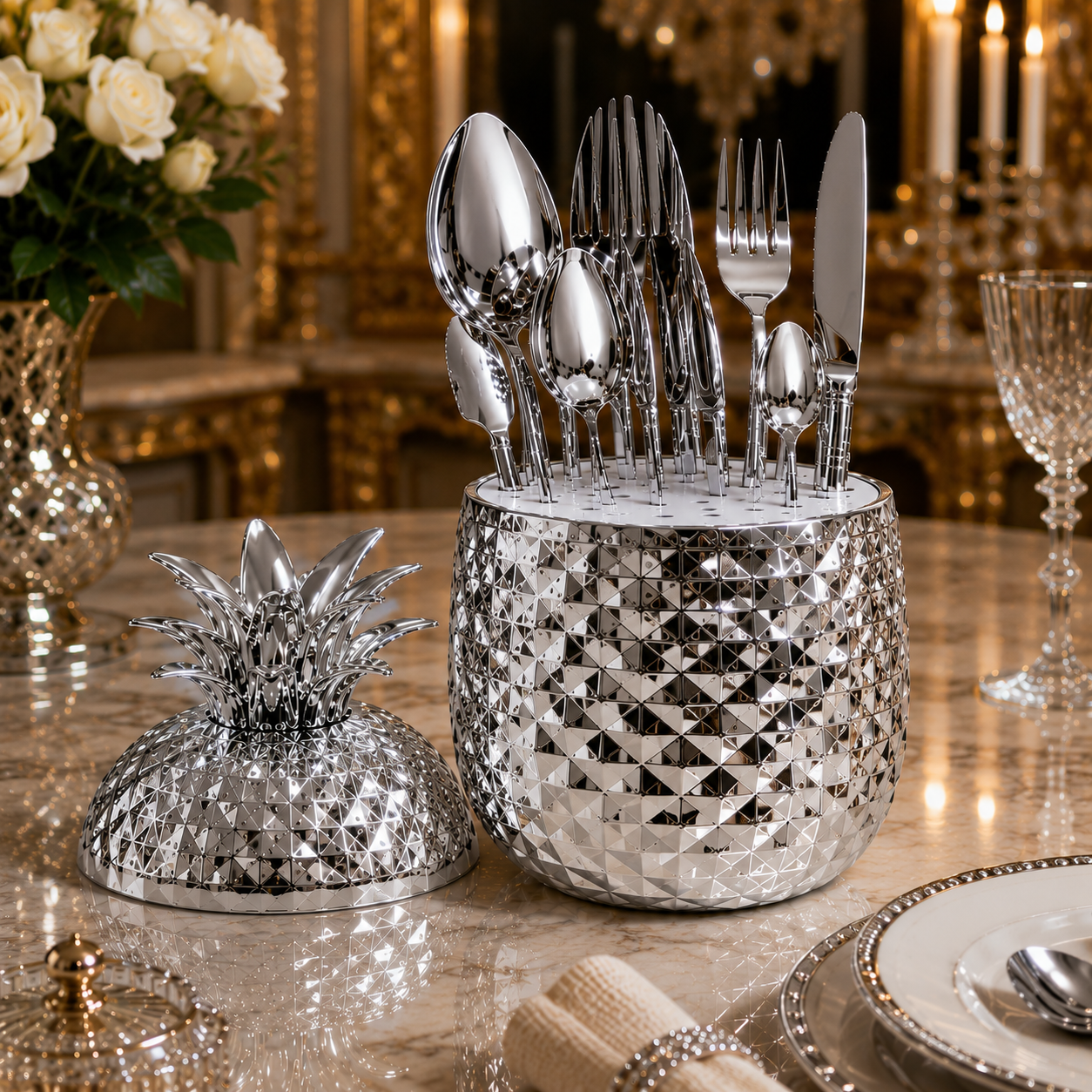 Luxury Pineapple Cutlery Set for 6 – Stainless Steel Flatware Set with Decorative Holder