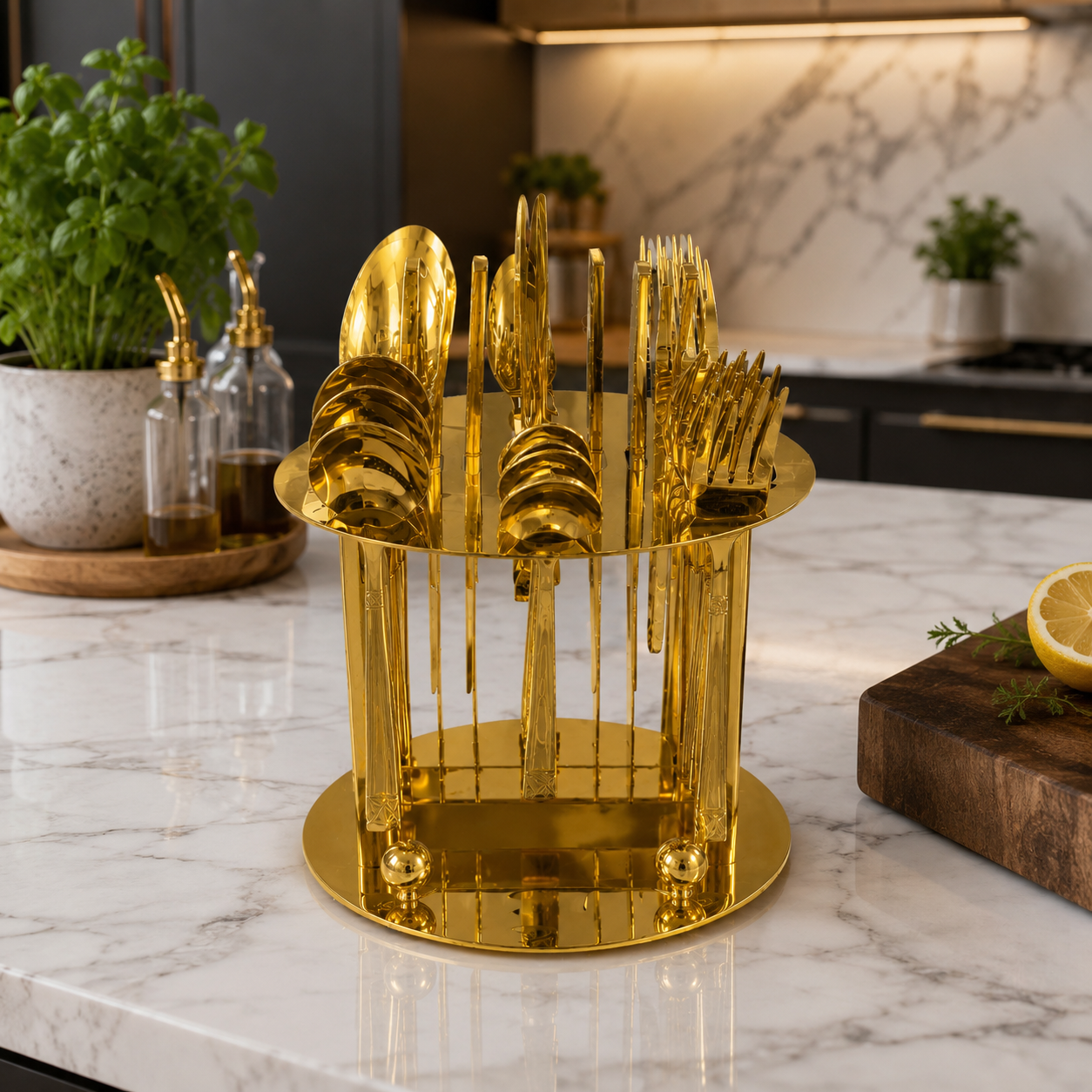 25-Piece Luxury Gold Cutlery Set with Stand – Stainless Steel Flatware Service for 6