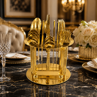 25-Piece Luxury Gold Cutlery Set with Stand – Stainless Steel Flatware Service for 6