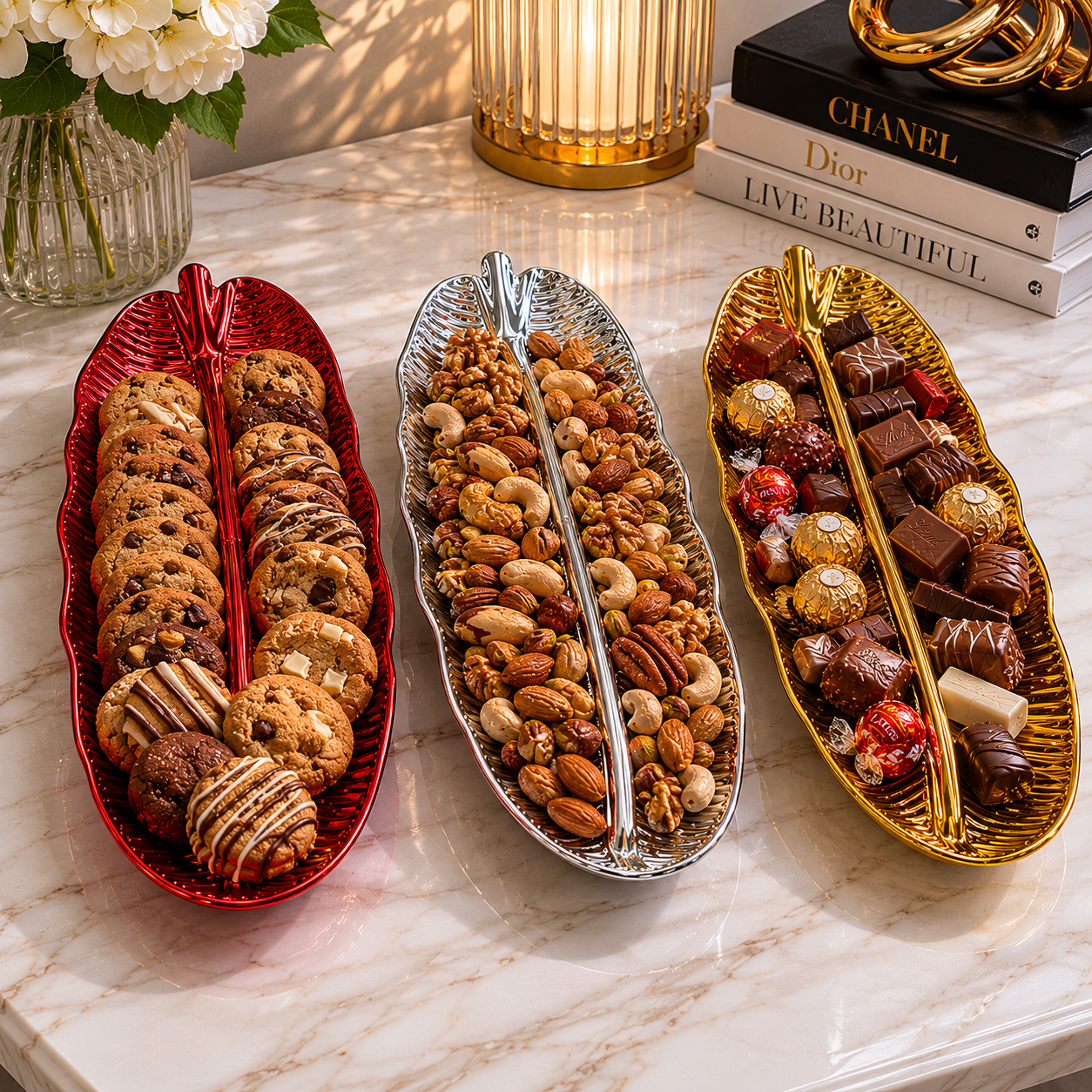 Luxury Leaf Serving Tray – Decorative Plastic Snack Plate 20” x 6.5”