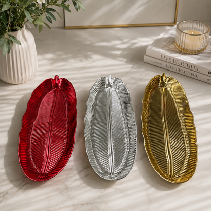 Luxury Leaf Serving Tray – Decorative Plastic Snack Plate 20” x 6.5”