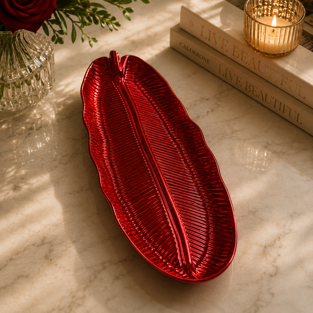 Luxury Leaf Serving Tray – Decorative Plastic Snack Plate 20” x 6.5”