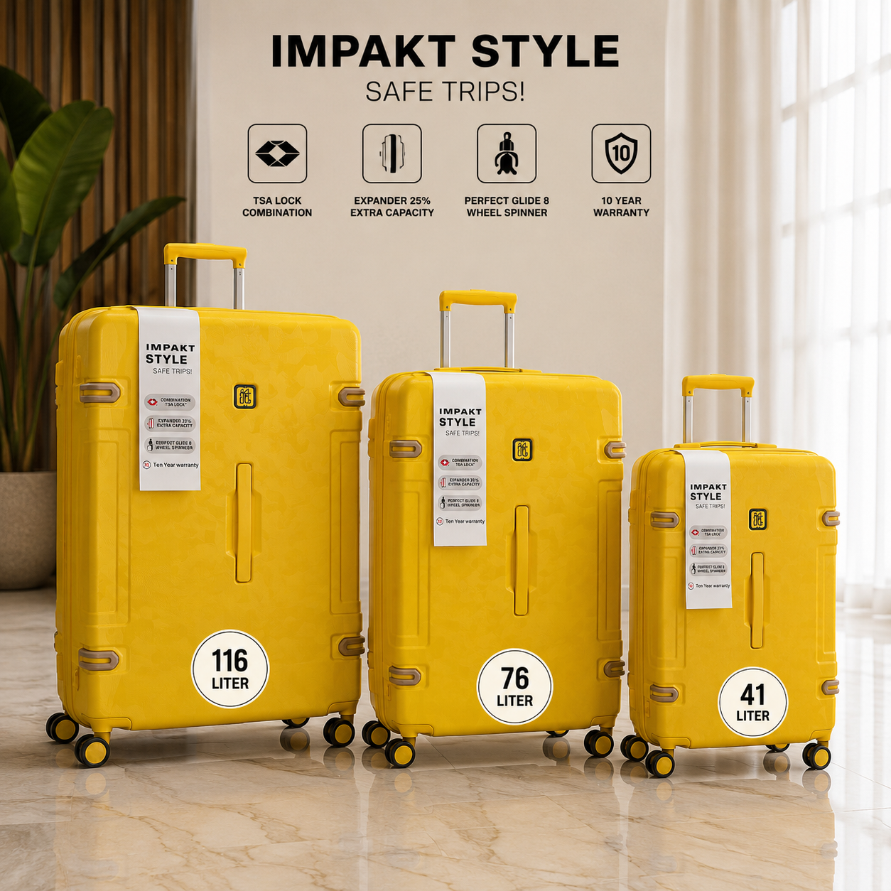 3-Piece Yellow Hard Shell Luggage Set with TSA Lock & Spinner Wheels