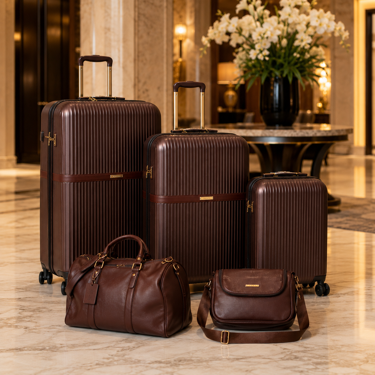 5-Piece Brown Travel Luggage Set with Duffel Bag & Crossbody Travel Bag