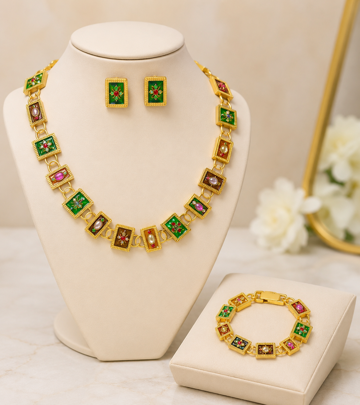 Vintage Gold-Tone Enamel Jewelry Set – Necklace, Bracelet & Matching Earrings