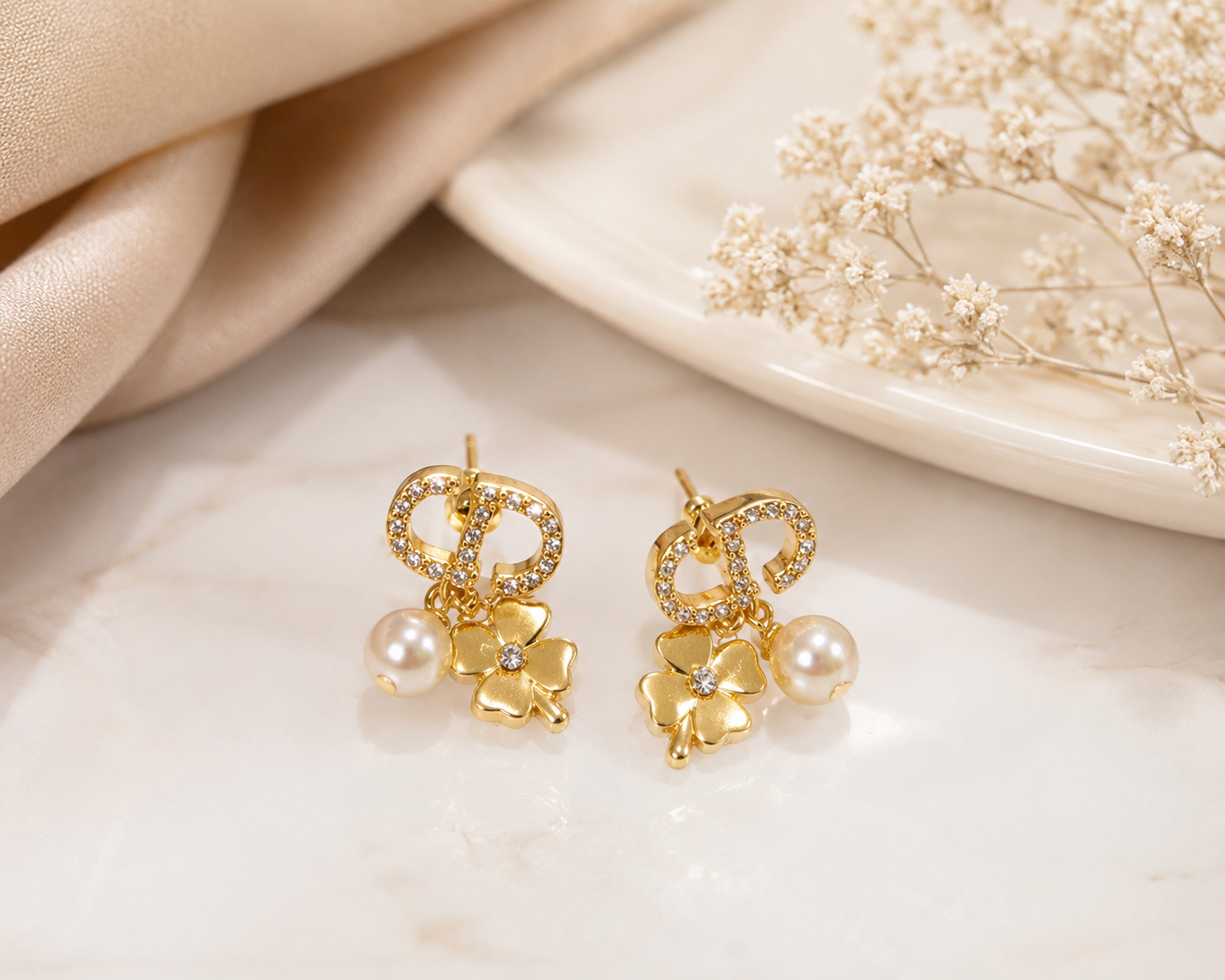 Lucky Clover Pearl Drop Stud Designer Earrings