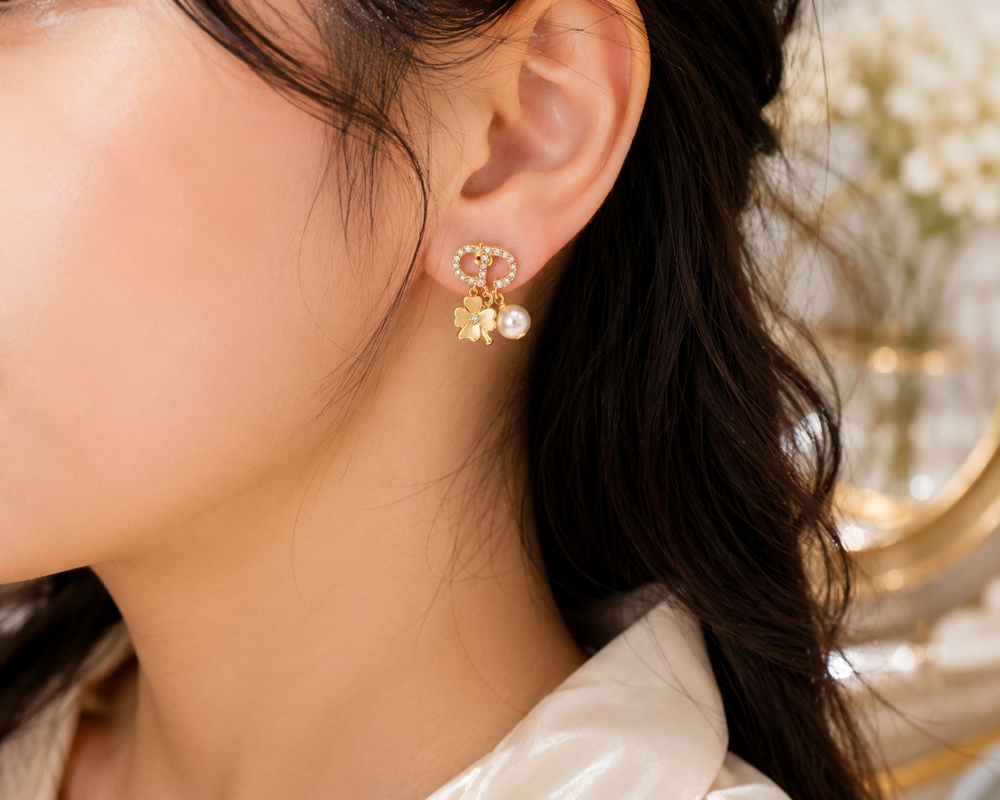 Lucky Clover Pearl Drop Stud Designer Earrings