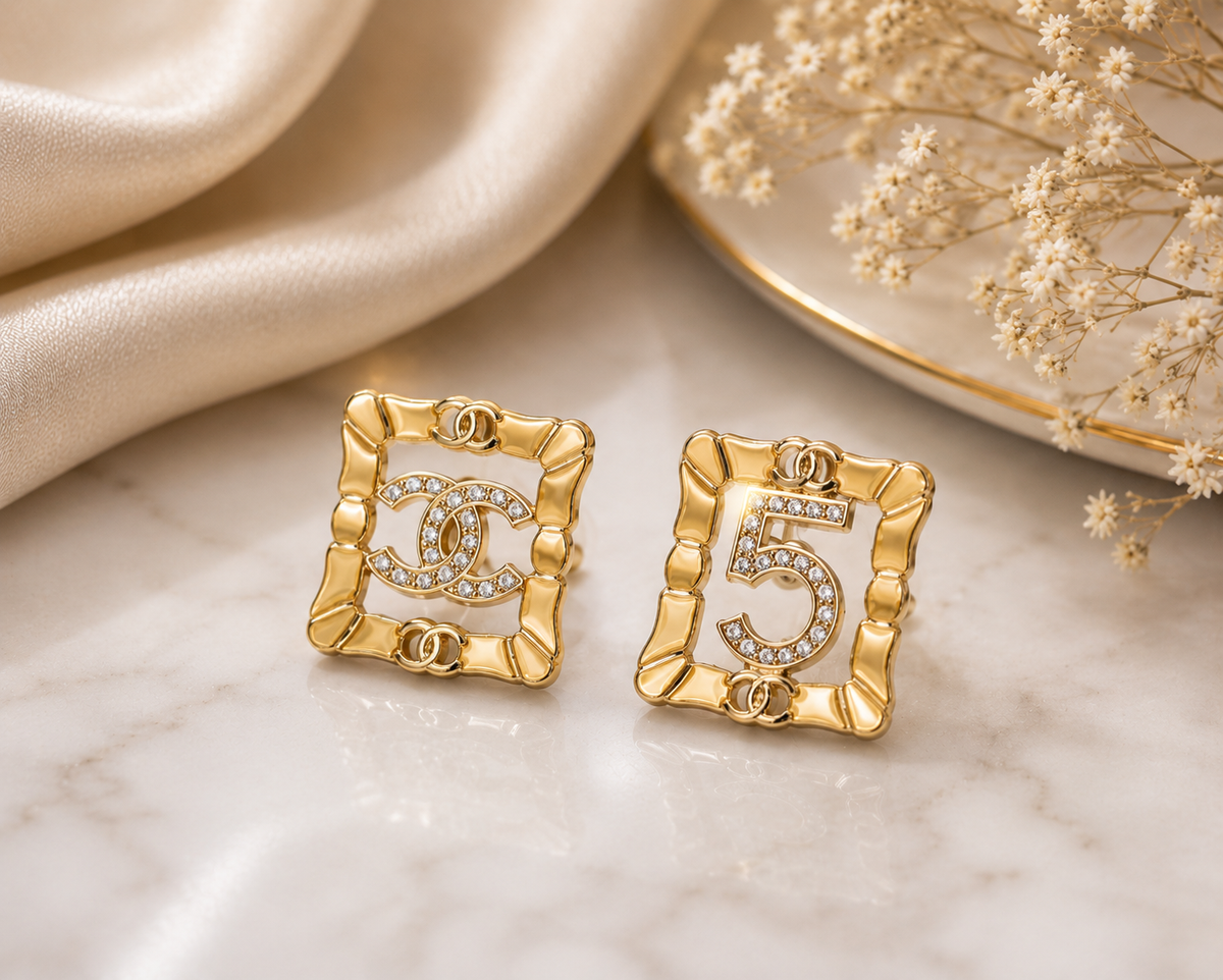 Elegant Gold-Tone Crystal Square Stud Earrings