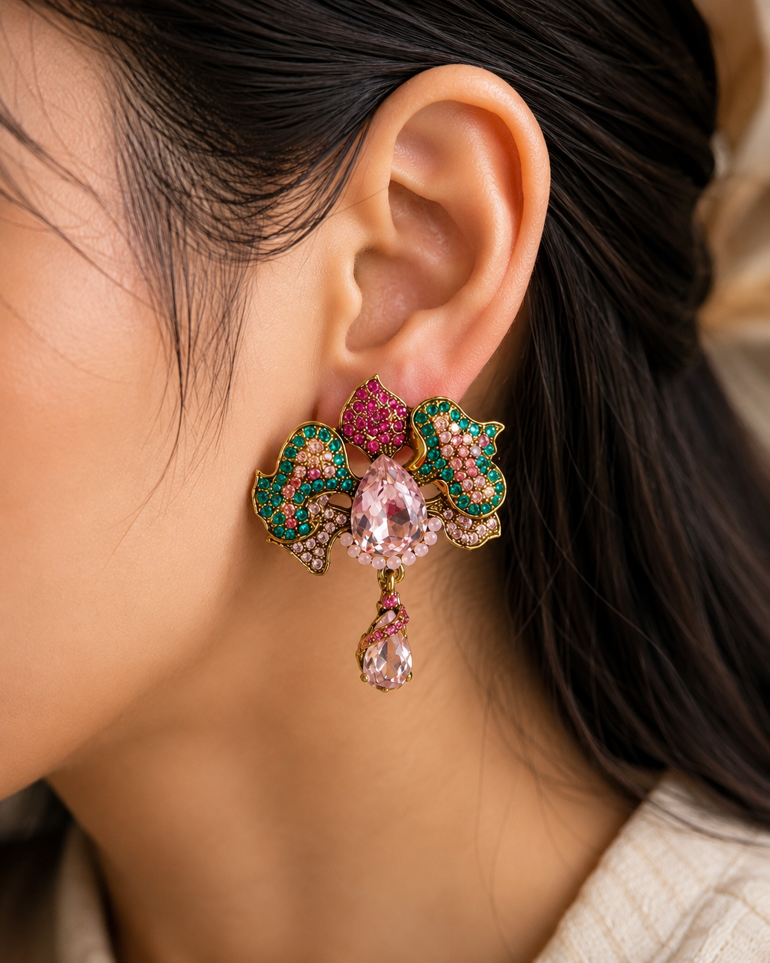 Vintage Floral Crystal Statement Drop Earringsy