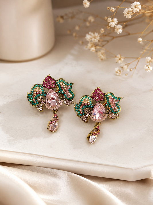 Vintage Floral Crystal Statement Drop Earringsy