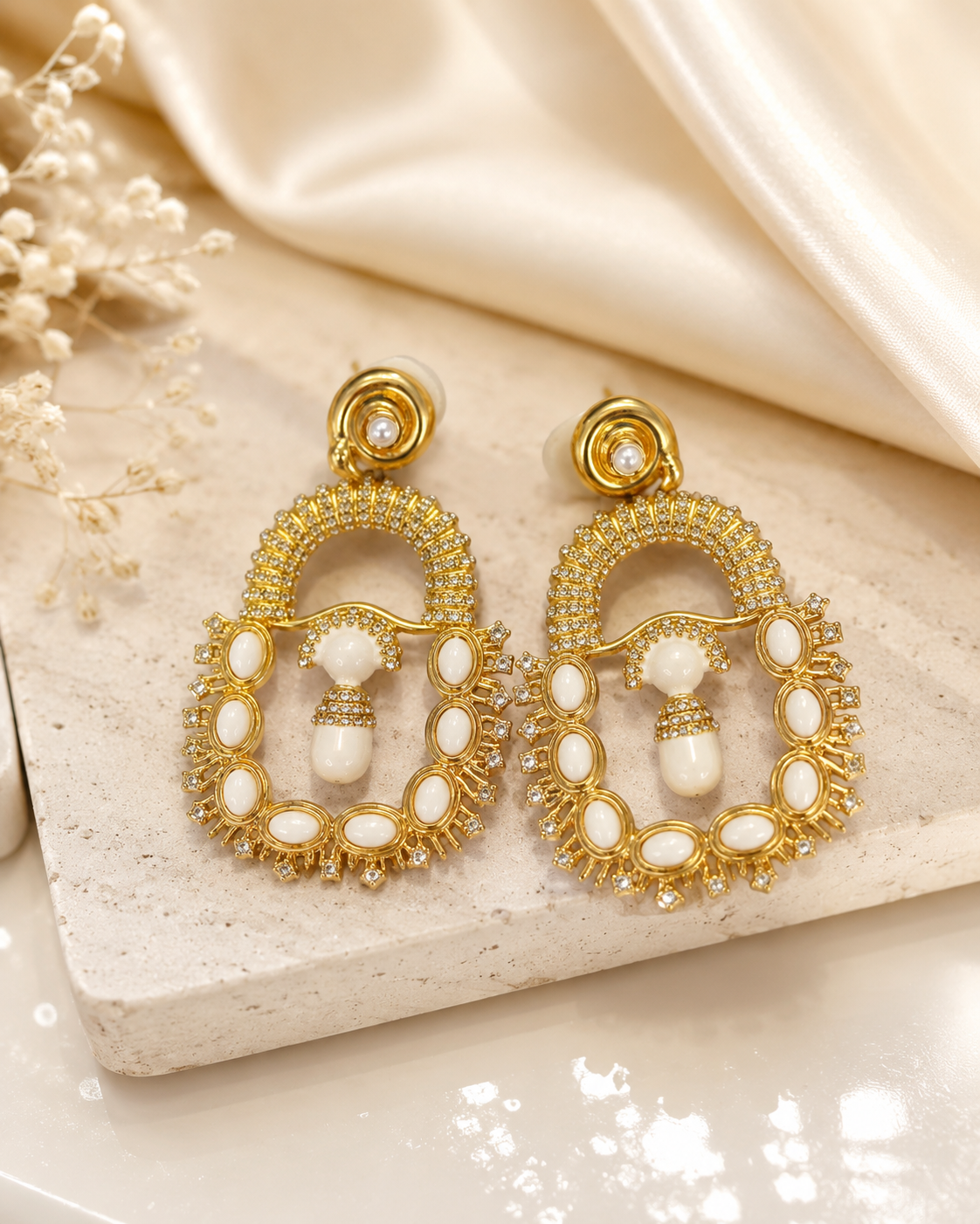 Vintage Pearl-Inspired Gold Statement Drop Earrings