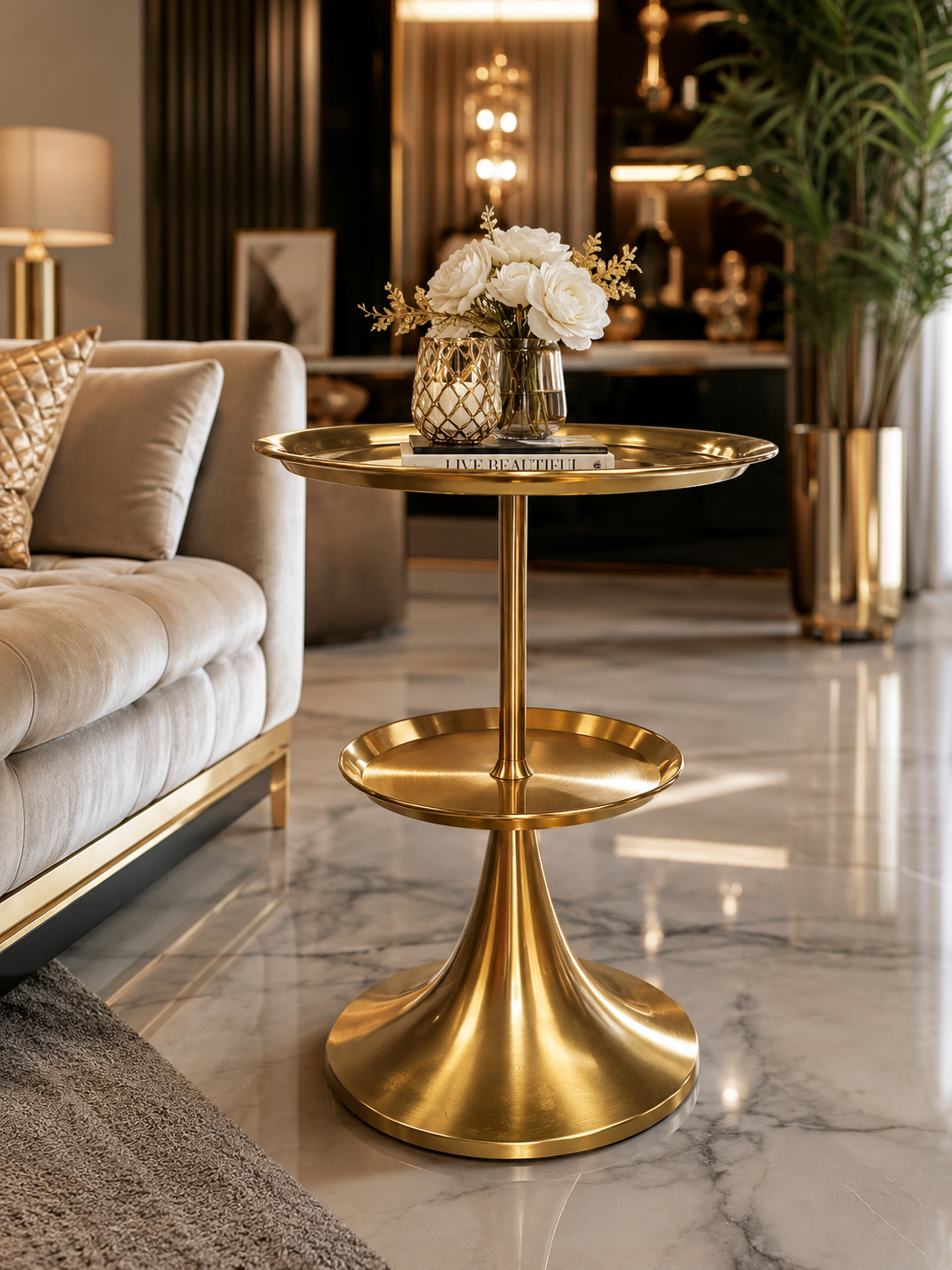 Luxury 2-Tier Gold Accent Side Table – Modern Metal Pedestal End Table 22” Height