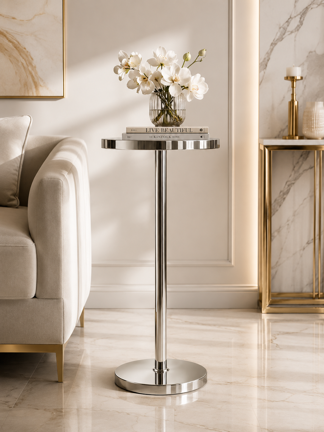 Luxury Silver Pedestal Side Table – Modern Chrome Accent Table