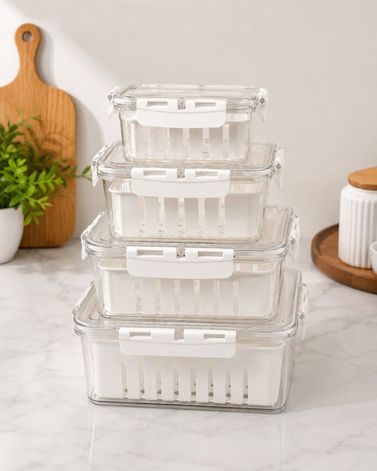 4-Piece Fresh Food Storage Container Set with Removable Drain Basket & Airtight Locking Lids