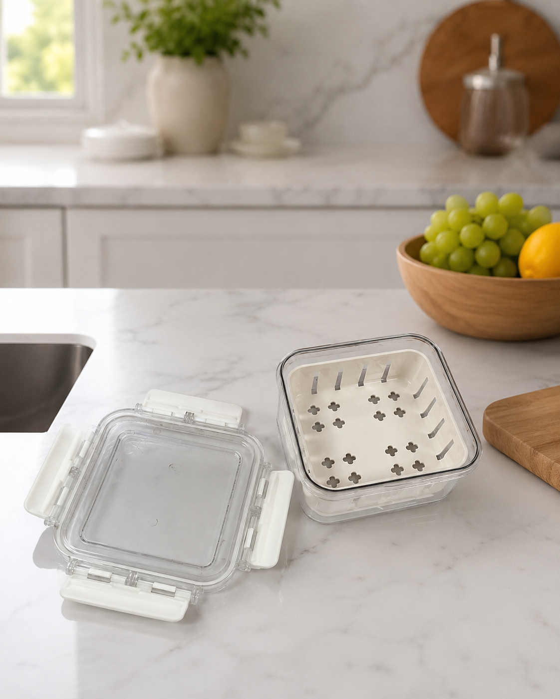 4-Piece Fresh Food Storage Container Set with Removable Drain Basket & Airtight Locking Lids