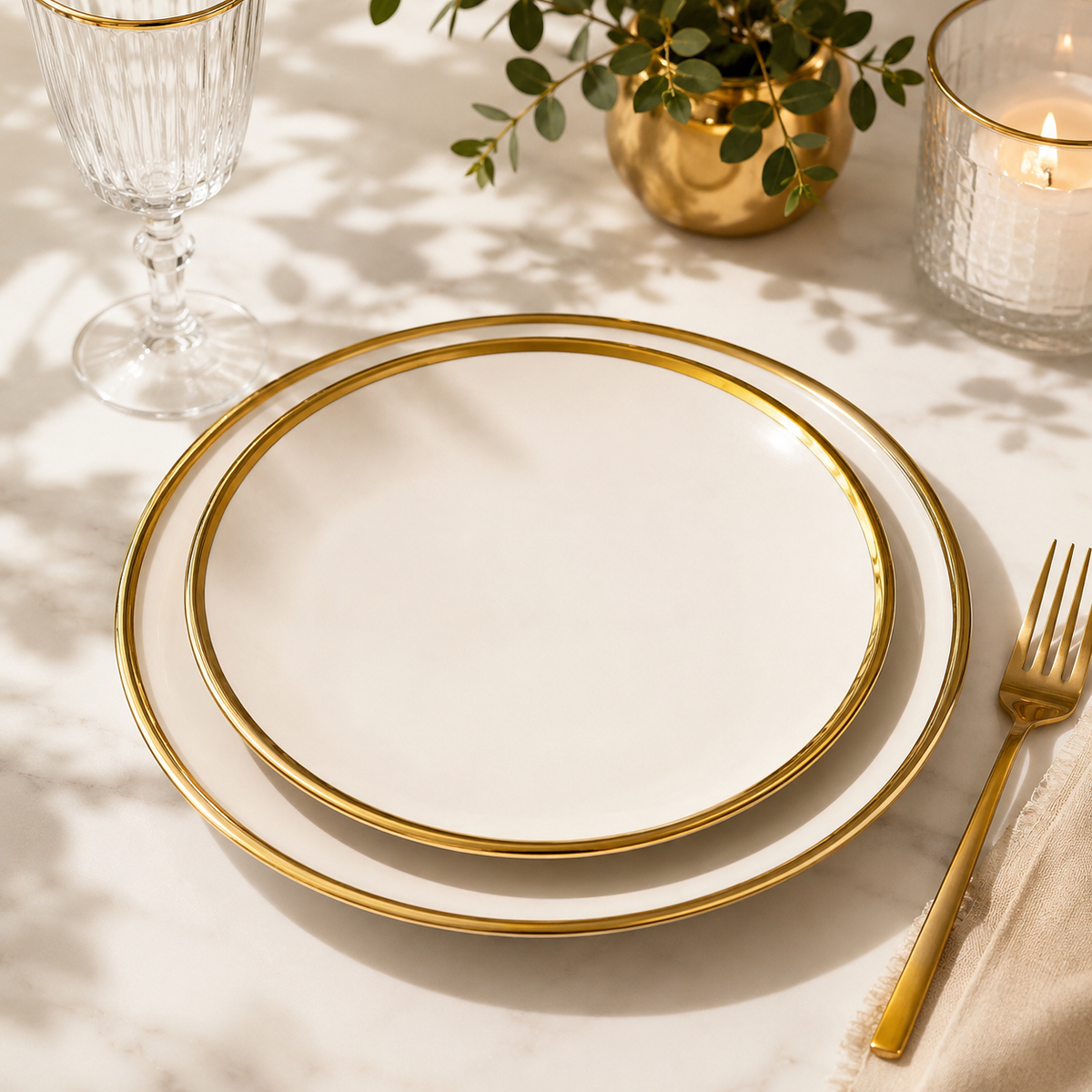 Luxury White Ceramic Dinner Plate with Gold Rim – Elegant Round Serving Plate (25 cm / 30 cm)